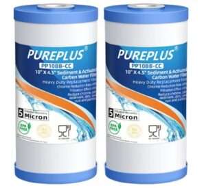 PUREPLUS 5 Micron 10″ x 4.5″ Big Blue Sediment and Activated Carbon Water Filter Replacement Cartridge for Whole House