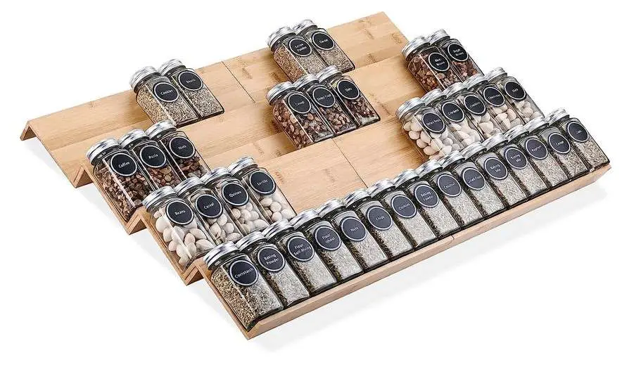 Mulush Bamboo Spice Rack Tray 64 Jars Spice Drawer Organizer for Kitchen Cabinets Storage and Organization