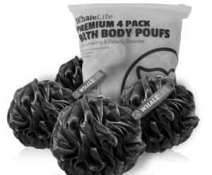 Best Must-Have Shower Products for Bathroom 7 Shower Puff 4 Pack Black Bath Sponge Shower Loofahs Pouf Ball Nature Bamboo Charcoal Mesh Bulk Puffs Large