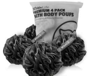 Shower Puff 4 Pack Black Bath Sponge Shower Loofahs Pouf Ball Nature Bamboo Charcoal Mesh Bulk Puffs Large