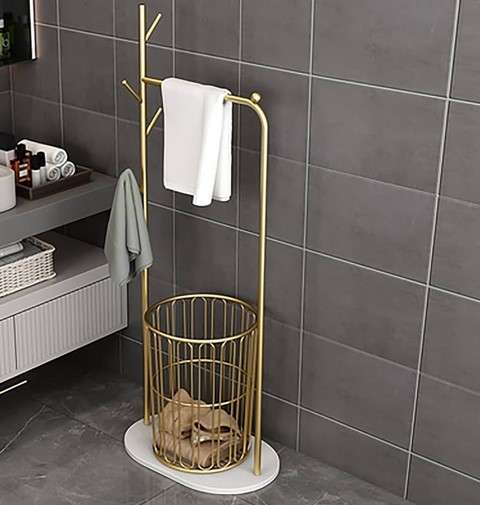 25 Bathroom Towel Hook Ideas to Keep Your Towels Off the Floor 43 Freestanding Hooks with Basket