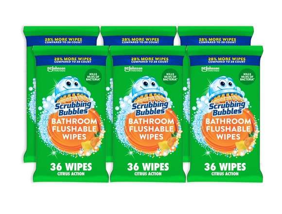 Scrubbing Bubbles Antibacterial Bathroom Flushable Wipes