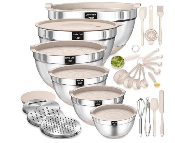 Mixing Bowls with Airtight Lids Set, 26PCS Stainless Steel Khaki Bowls with Grater Attachments