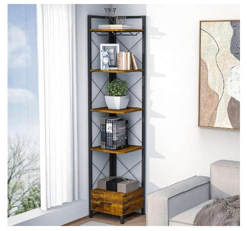5 Tier Tall Narrow Bookshelf with Drawer and Glass Holder