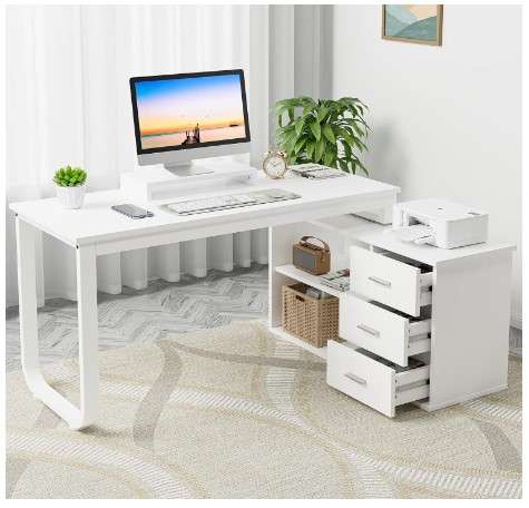HOMBCK White L Shaped Desk with Storage Drawers