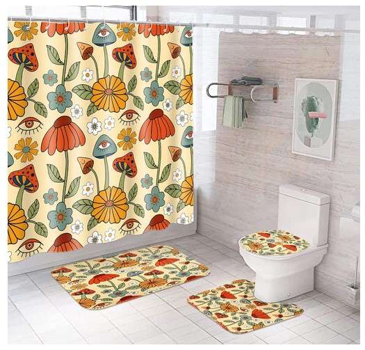 Whimsical Floral Shower Curtain Set with Bath Mat