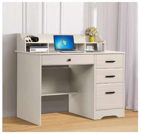 White Desk with Drawers and Storage Home Office Desk Computer Desk with 4 Drawers Hutch