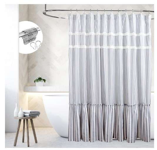 10 Ruffled Shower Curtains That Will Transform Your Bathroom 7 triped Ruffled Shower Curtain