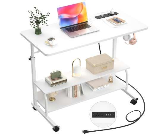 Height Adjustable Standing Desk with Power Outlets 32 Manual Stand Up Desk with Storage Shelves