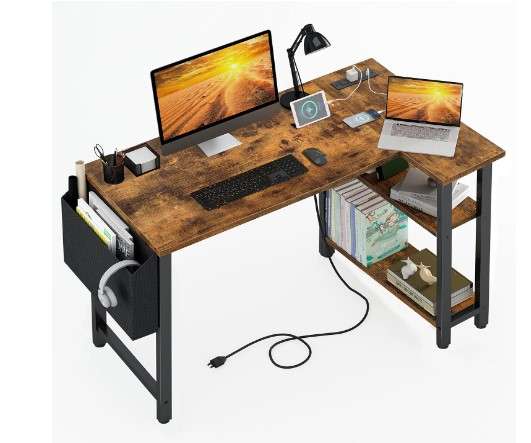 Lufeiya Small L Shaped Desk with Power Outlet Shelves