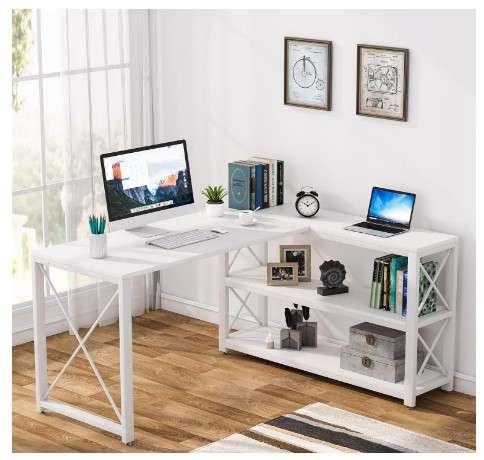 Tribesigns Reversible Industrial L Shaped Desk with Storage Shelves