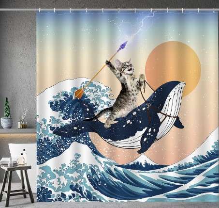 Funny Shower Curtains: A Bathroom Essential 7 Aimego Funny Shower Curtain Brave Cat Holding Trident Arrow Riding Shark in Ocean Wave