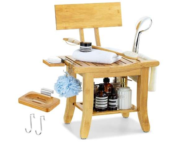 6 Bamboo Shower Bench Ideas for Your Bathroom 3 ETECHMART Bamboo Shower Bench with Back and Soap Dish