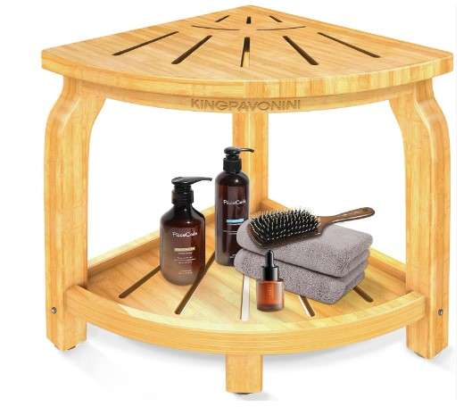 KingPavonini Bamboo Corner Shower Stool for Shaving Legs Foot Rest