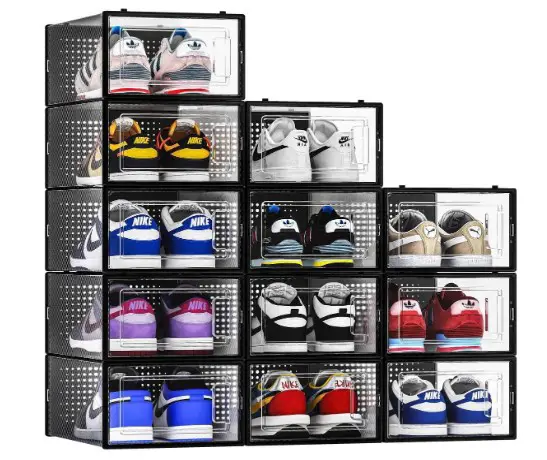 Best Shoes Storage Ideas: Say Goodbye to Clutter 13 12 Pack Shoe Storage Bins, Clear Plastic Stackable Shoe Organizer for Closet, Space Saving Foldable Shoe Rack, Shoe Box Sneaker Holder Container, Black Frame