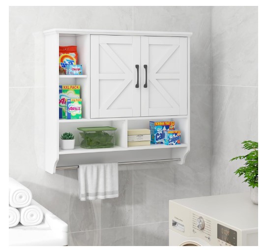 Wall Mounted Bathroom Cabinets: The Ultimate Guide 11 Bathroom Cabinet Wall Mounted with Towels Bar, Bathroom Medicine Cabinet with 2 Door Adjustable Shelves, Over Toilet Cabinet for Bathroom