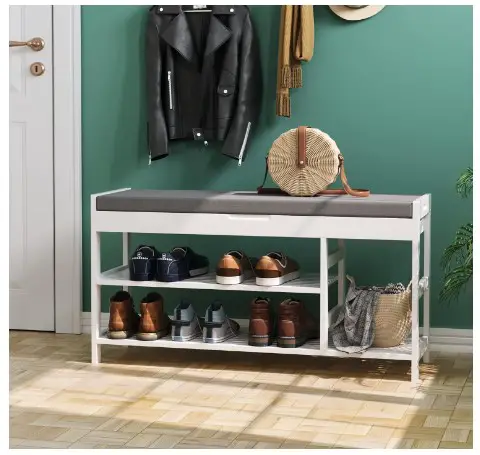 Stunning Shoe Benches for Your Entryway That You’ll Want to Copy 1 HIFIT Bamboo Shoe Bench Rack with Storage, Entryway Storage Bench with Padded Seat, Shoe Oiganizer Shelf for Entryway Mudroom Bathroom, White