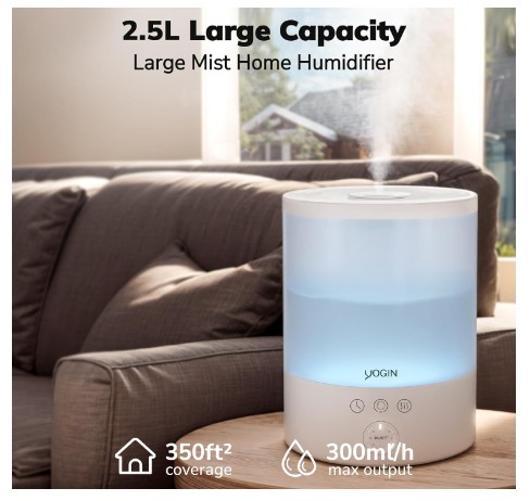 Yogin Humidifiers for Bedroom Large room,Top fill 2.5L Ultrasonic cool mist Humidifiers for Baby Nursery and Plants