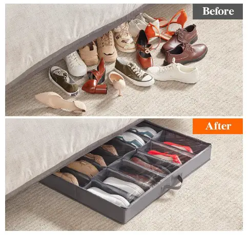 Best Shoes Storage Ideas: Say Goodbye to Clutter 7 Under Bed Shoe Storage Organizer Set of 2, Foldable Fabric Shoes Container Box with Clear Cover See Through Window Storage Bag with 2 Handles Total Fits 24 Pairs of Shoes, Grey
