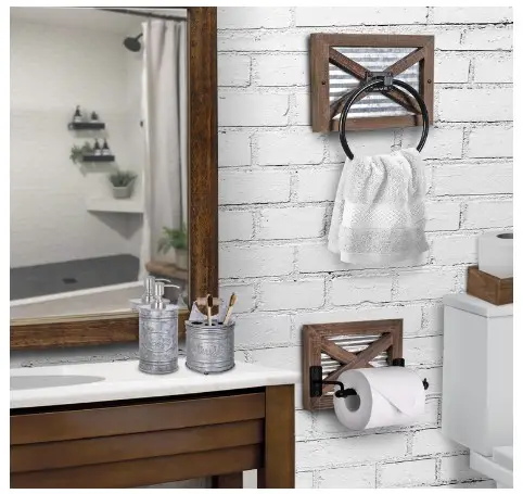 Autumn Alley Farmhouse Toilet Paper Holder and Rustic Towel Holder Set, Wall Mount, Rustic Wall Toilet Paper Holder and Bathroom Hand Towel Holder Decor, Wooden Brown
