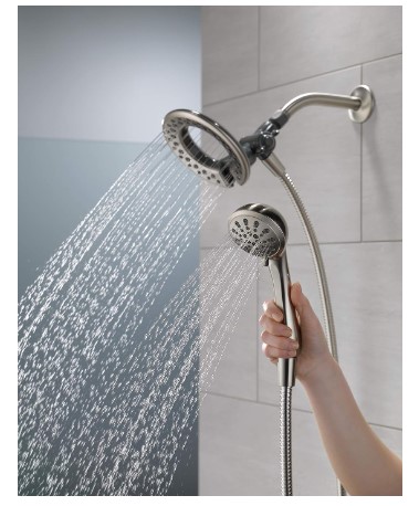7 Stylish Brushed Nickel Shower Heads with Handheld You Need to See 1 Delta Faucet 4-Setting In2ition 2-in-1 Dual Shower Head with Handheld, Brushed Nickel Round Shower Head with Hose, Detachable Shower Head, Hand Held Shower Head, SpotShield Stainless 75486CSN
