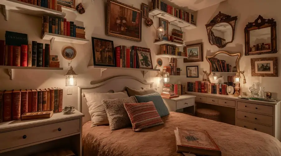 10 Vintage Bedroom Decor Ideas That Will Transport You Back in Time 6 Display Vintage Books and Artwork
