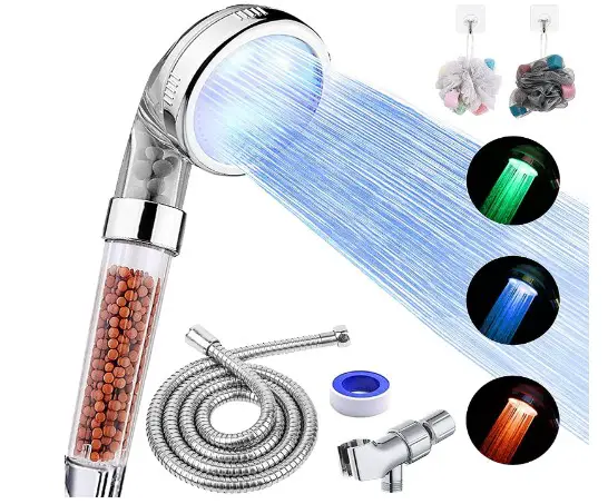 Top 7 Shower Heads with Lights for a Spa-like Experience 9 FASTRAS LED Shower Head with Handheld, High Pressure Shower Head with Hose, Holder & PTFE Tape etc, 3 Water Temperature-Controlled Water Saving Filtered Shower Head for Dry Hair& Skin