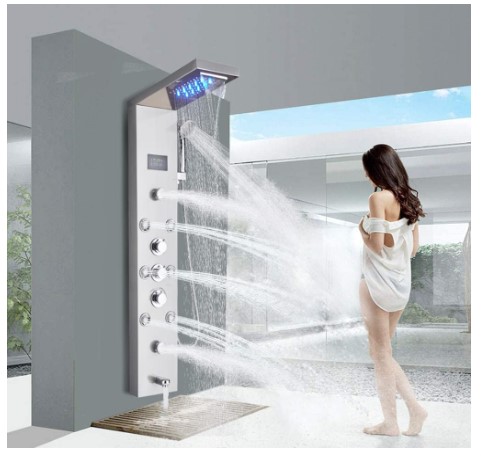 7 Stunning Shower Head with Body Jets Design Ideas for Your Bathroom 3 FUZ Contemporary Shower Panel Tower System Stainless Steel 6-Function Faucet LED Rainfall Waterfall Shower Head + Handheld Sprayer + Rain Massage Body Jets + Tub Spout,Brushed Nickel