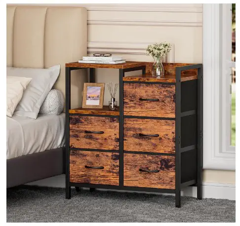 7 Genius Storage Cabinet Ideas for a Clutter-Free Bedroom 3 Furnulem Industrial Dresser for Bedroom, Small Storage Unit Organizer with 5 Fabric Drawers and 2-Tier Side Shelves, End Table/Nightstand for Bedside, Nursery, Living Room, Dorm, Hallway
