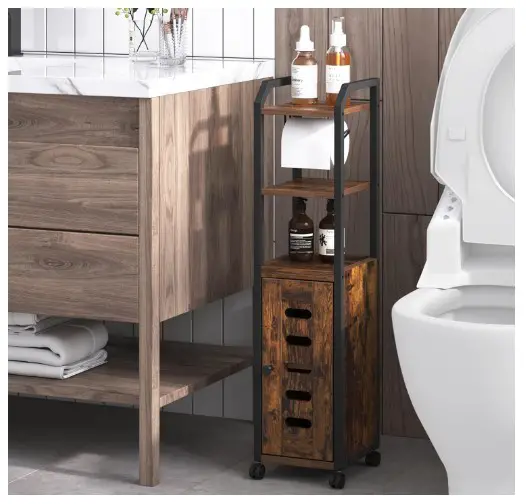 Hzuaneri Storage Cabinet - Toilet Paper Holder with 4 Wheels, Bathroom Organizer with Adjustable Shelf, for Small Spaces, Rustic Brown and Black BC04601X