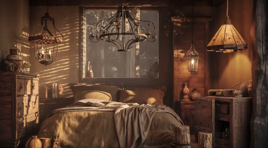 10 Rustic Bedroom Furniture Ideas for a Charming Home 9 Incorporate Rustic Lighting