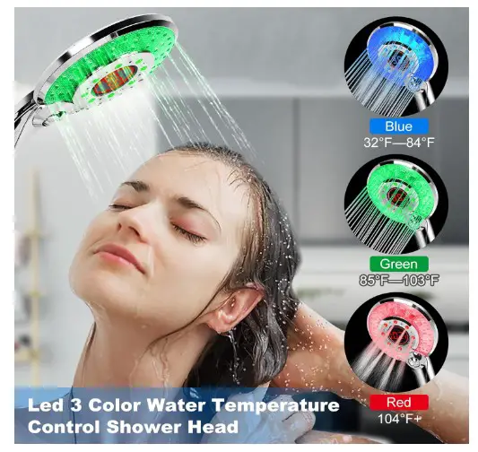 Top 7 Shower Heads with Lights for a Spa-like Experience 7 LED Shower Head Color Changing by JIEYUMU, Handheld Shower Head High Pressure with Hose, Water Saving Spray Showerheads, Discoloration Warning, Water Temperature Display, 3 Spray Modes