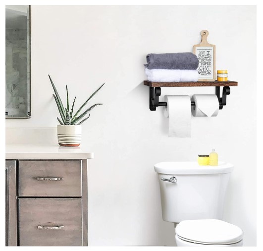 Lavievert Industrial Toilet Paper Holder, Double Roll Toilet Tissue Holder with Rustic Wood Shelf, Wall Mounted Pipe Toilet Paper Dispenser for Bathroom,
