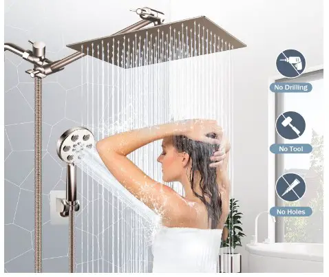 7 Stylish Brushed Nickel Shower Heads with Handheld You Need to See 11 Shower Head Brushed Nickel, 10" High Pressure Rain Shower Head and 6 Spray Settings Handheld Shower Head Combo, Built-in Power Wash, with 11’’ Extension Arm/60" Hose, Height/Angle Adjustable