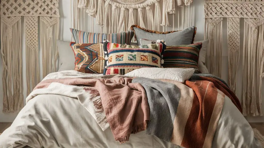 10 Modern Bohemian Bedroom Décor Ideas to Create a Cozy Oasis 3 Textiles Layered Bedding and Patterned Pillows