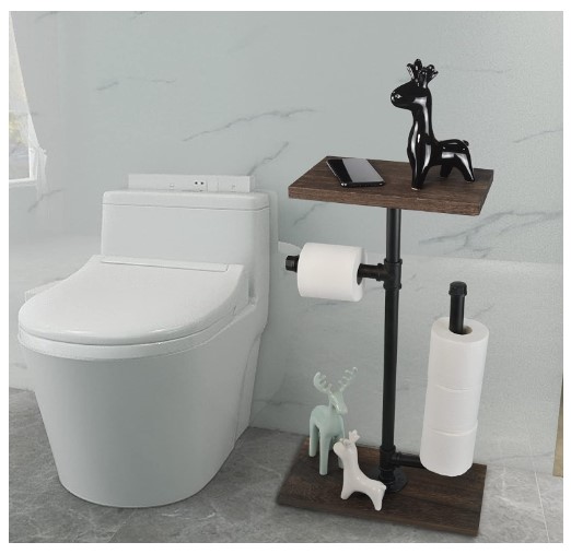 adhom Freestanding Toilet Paper Holder Stand With Rustic Wooden Shelf and Cast Iron Pipe for Bathroom