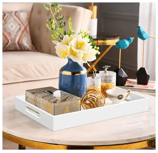 Acrylic Serving Trays with Handles, 16"x 12" Rectangle Sturdy Breakfast Trays, White Decorative Trays Organiser for Bedroom
