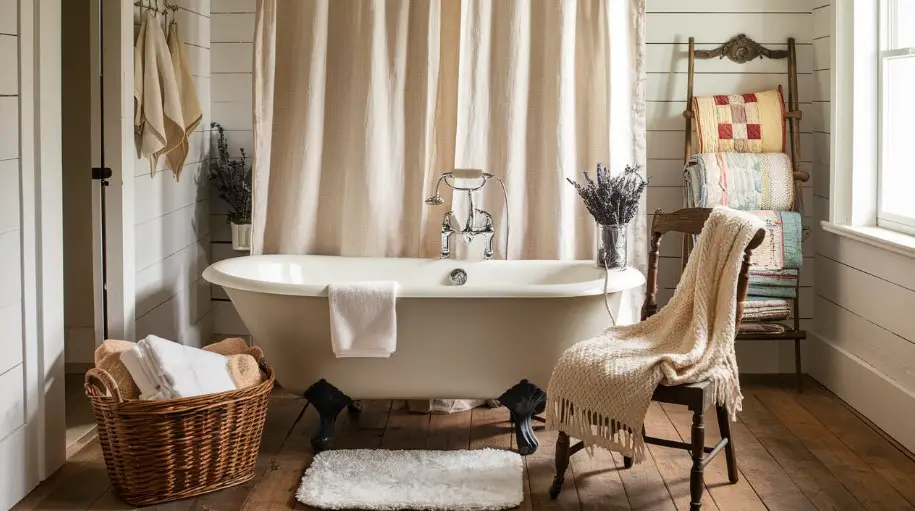 10 DIY Farmhouse Bathroom Décor Ideas You Need to Try 5 Add Cozy Textiles