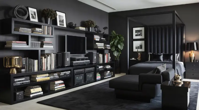 10 Stunning Black Bedroom Furniture Ideas for a Luxurious Look 8 Black Bookshelf or Media Console