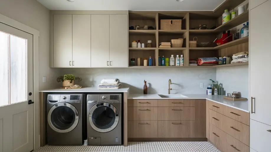 10 Laundry Room Shelving Ideas to Maximize Space 2 Combination of Open and Closed Storage