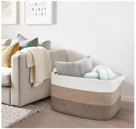 Extra Large Blanket Storage Basket, 23.6" x 15.7" x 14.1" Rectangle Woven Cotton Rope Basket, Blanket Basket Holder for Living Room, Wicker Storage Basket for Pillows, Blankets Organizer Bins