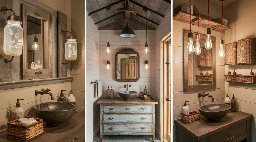10 Budget-Friendly Small Rustic Bathroom Ideas to Try 4 Farmhouse-Style Lighting