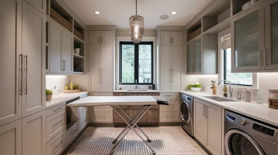 10 Laundry Room Shelving Ideas to Maximize Space 8 Integrated Ironing Boards