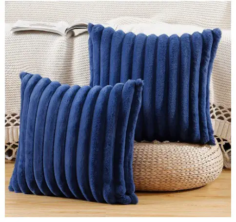 MADIZZ Set of 2 Faux Wool Plush Decorative Throw Pillow Covers 24x24 Inch Blue Fluffy Striped Soft Decorative Cushion Cover for Sofa Bedroom Pillow Shell