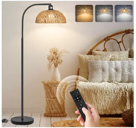 Rattan Floor Lamp- Boho Standing Lamp with Remote Control and Dimmable Bulb, Hand-Worked Adjustable Rattan Shades, Black Farmhouse Tall Lamp, Boho Arc Floor Lamps for Living Room, Bedroom