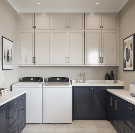 10 Stunning Modern Laundry Room Cabinet Ideas You’ll Love 3 Two-Tone Cabinets for Visual Interest