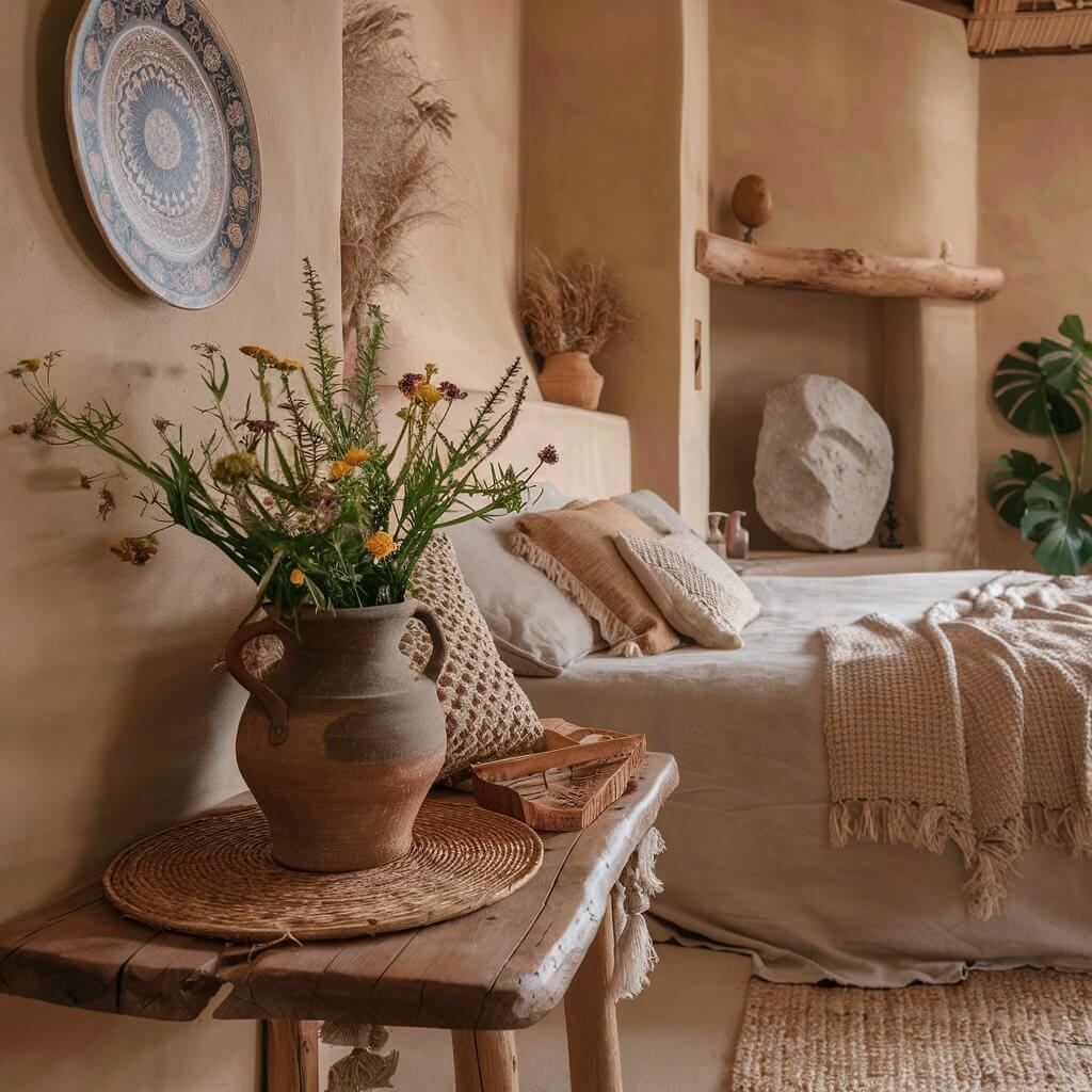 Earthy bedroom featuring natural accents, with woven jute rugs, linen bedding, and wooden furniture. Soft, neutral tones and green indoor plants bring a calming, organic feel to the space. Perfect for creating a warm, earthy bedroom with natural accents, sustainable materials, and a cozy, nature-inspired atmosphere.