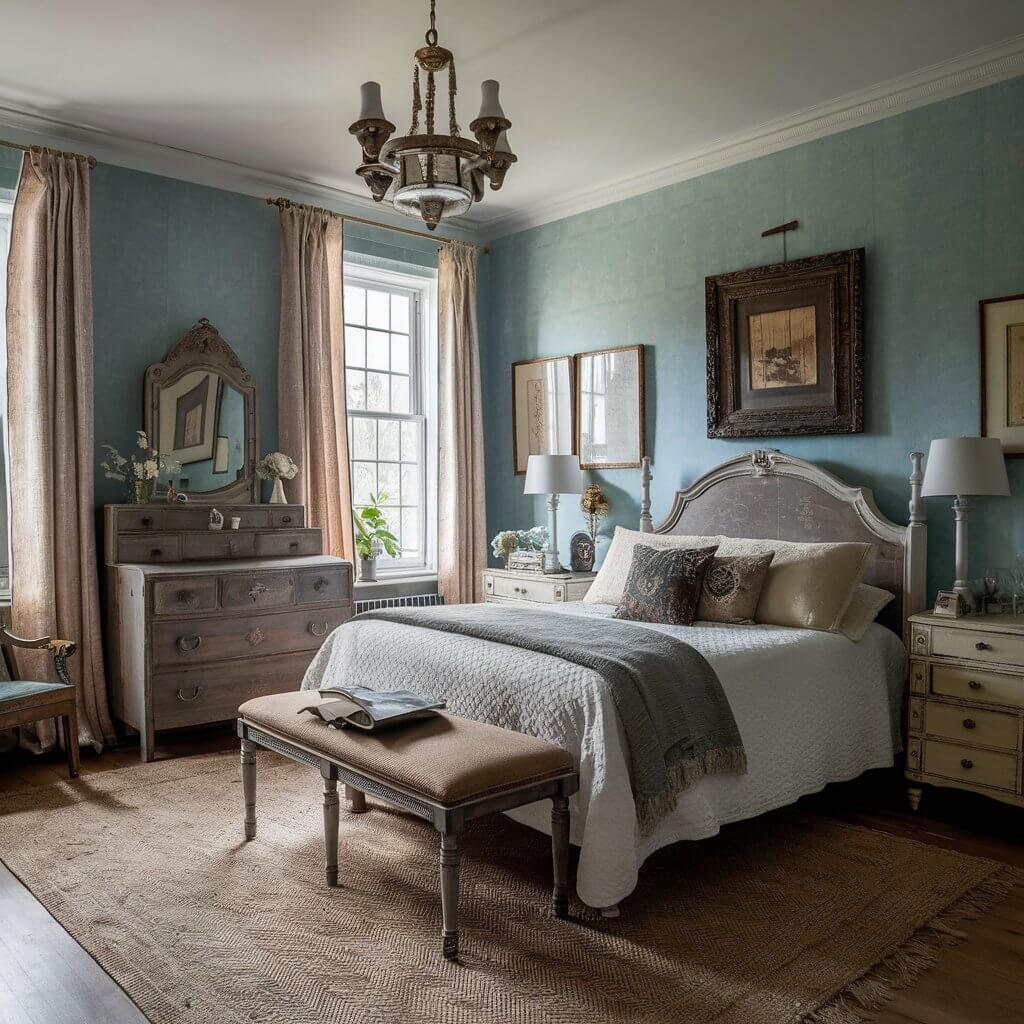 Elegant vintage bedroom decor featuring antique furniture pieces, including a beautifully restored wooden dresser and a classic wrought iron bed frame. This charming setup showcases the timeless appeal of vintage aesthetics, blending rustic charm with modern comfort, perfect for creating a cozy and inviting atmosphere in your bedroom.
