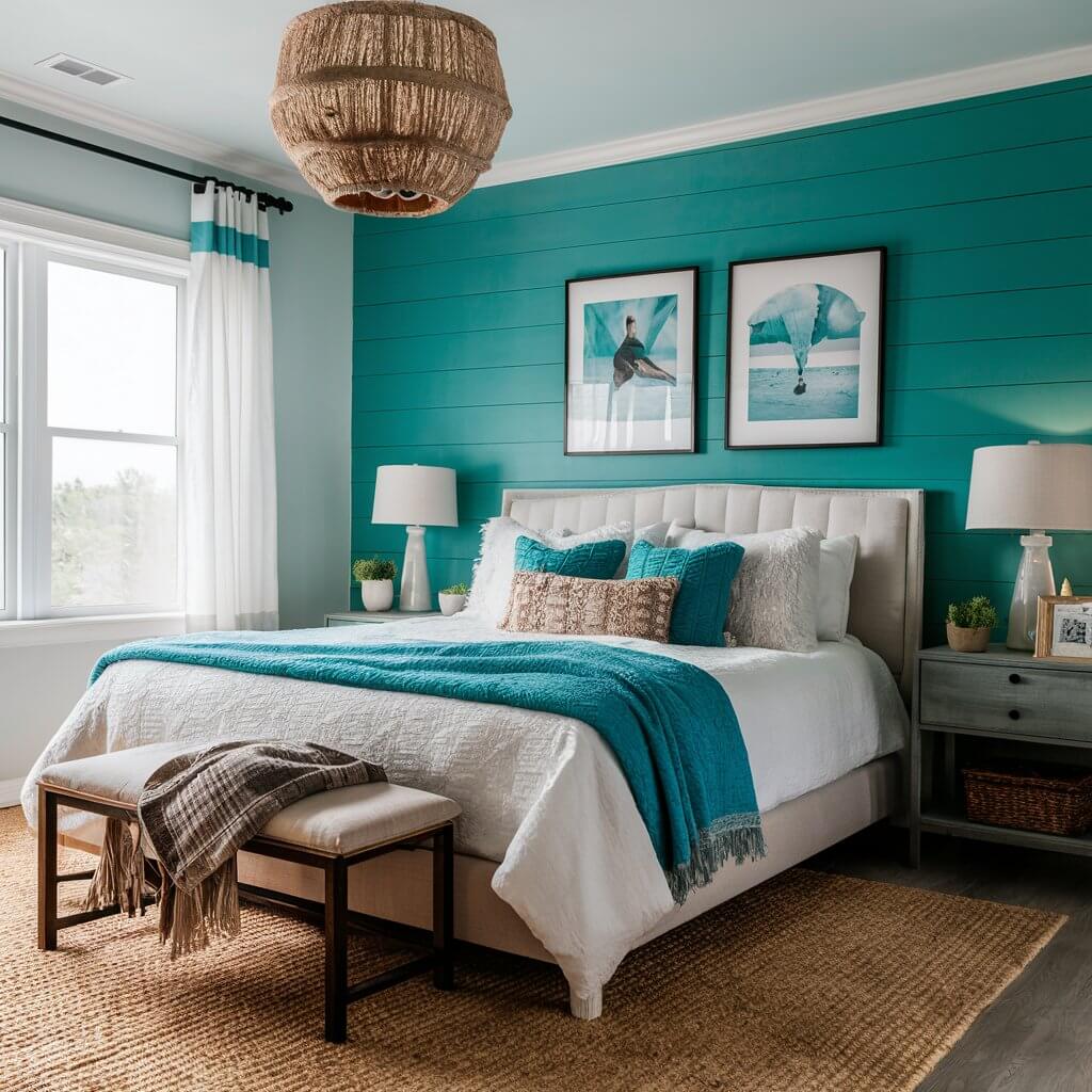 13 Must-Try Coastal Colors for Your Dream Bedroom Makeover 11 Coastal bedroom featuring soothing Aquatic Teal walls that evoke the tranquility of ocean waves, complemented by light, airy furnishings and natural textures for a fresh, seaside ambiance.
