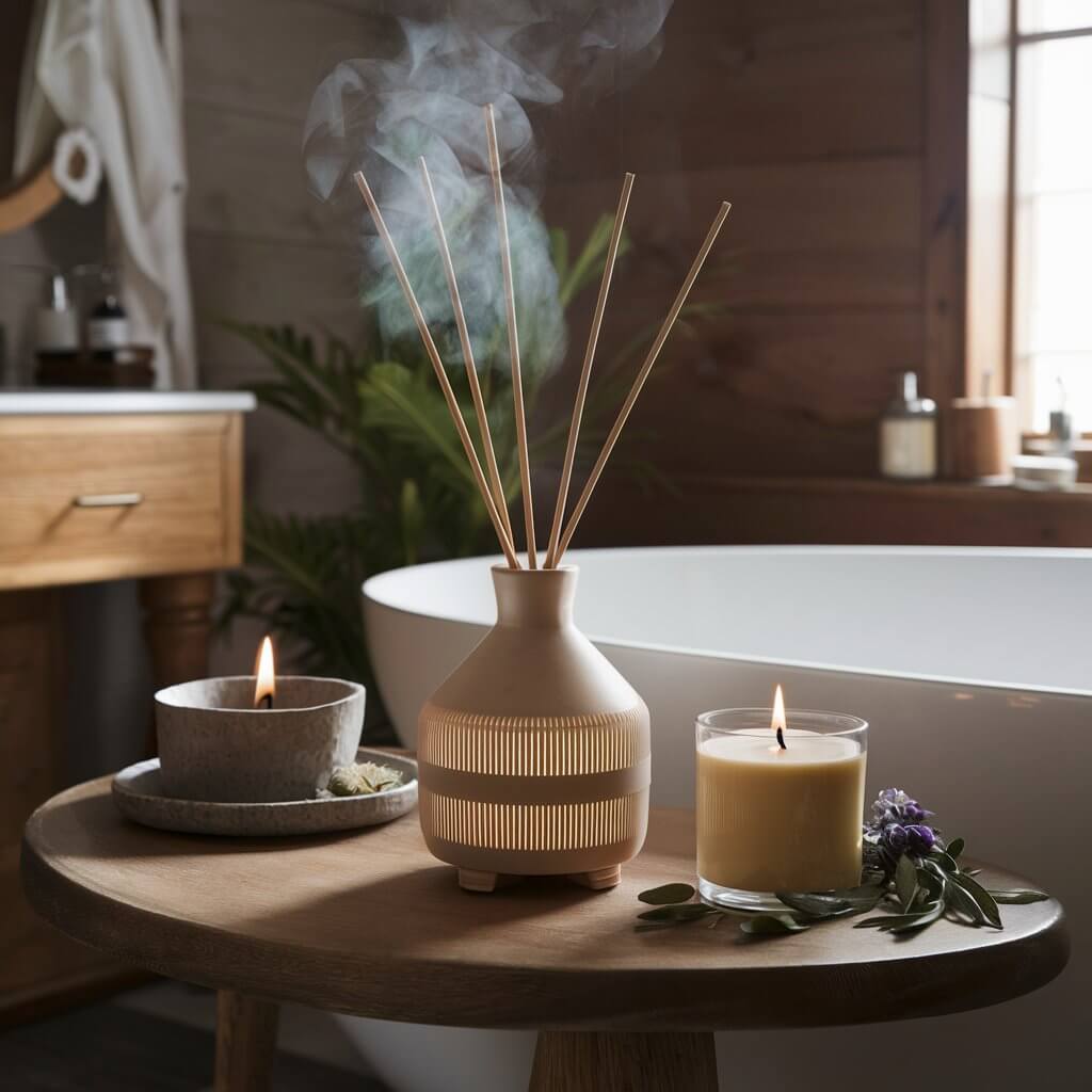 10 Must-Have Spa Bathroom Accessories for a Relaxing Retreat 2 Elegant spa bathroom accessories showcasing aromatherapy diffusers and candles for a relaxing atmosphere. Enhance your home spa experience with soothing scents from essential oil diffusers and the calming glow of scented candles, perfect for creating a tranquil retreat in your bathroom. Ideal for self-care routines and relaxation, these accessories elevate your spa-inspired decor while promoting wellness and serenity.